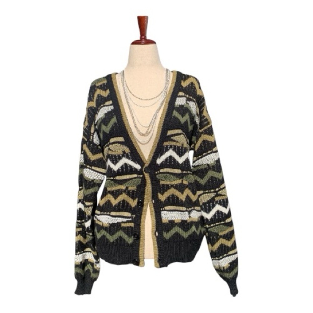 Patterned‎ Cardigan Sweater Grandpa Core Look Long Sleeves Button Front Size M